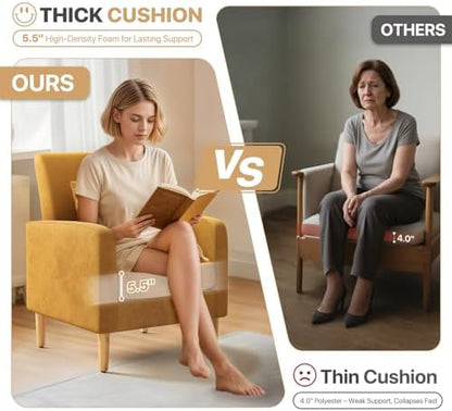 Magshion Accent Chair for Living Room, Comfy Mid-Century Reading Chair for Bedroom, Upholstered Linen Fabric Armchair Single Sofa with Back Pillow & Wood Legs, 300 lbs Capacity, Yellow