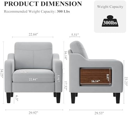 Accent Chair for Living Room, Mid-Century Upholstered Armchair with Foldable Table & 2 Side Pockets, Modern Linen Wooden Sofa Chair for Bedroom & Reading Room, Light Grey