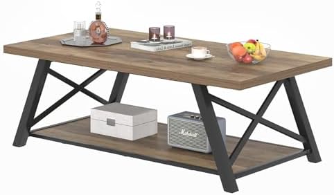 EXCEFUR Modern Coffee Table, Rectangle Center Table for Living Room with Storage Shelf, Industrial Wood and Metal Cocktail Tea Table, Rustic Oak, 47 Inch