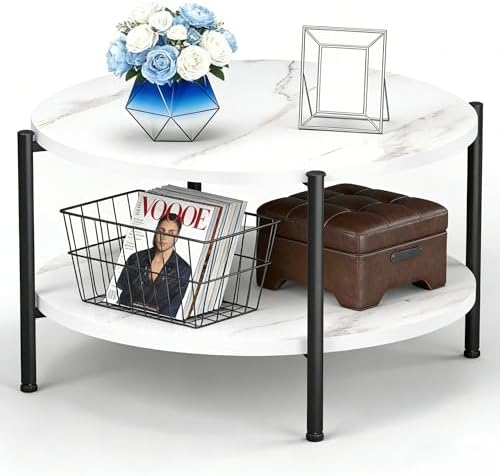 FAMIDGE Coffee Table, 23.6" Coffee Tables for Living Room, Round Coffee Table with Metal Frame, Floor Table for Sitting on The Floor, Home, Office, Black — Style3 White(27.6dx18.1h) / 2 Tier (2)