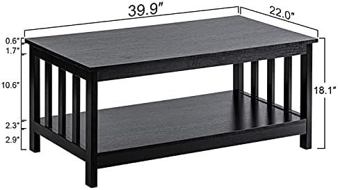 ChooChoo Mission Coffee Table, Black Wood Living Room Table with Shelf, 40 Black