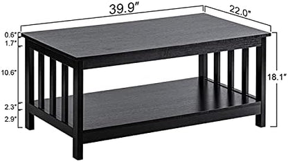 ChooChoo Mission Coffee Table, Black Wood Living Room Table with Shelf, 40 Black