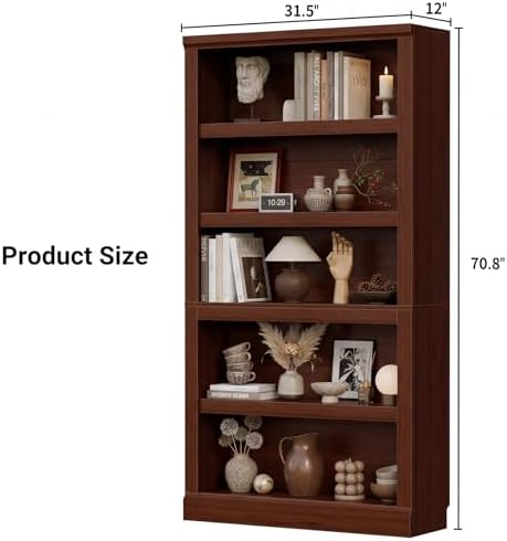 Unikito Bookshelf, 5 Tier Book Shelf, 71 Inch Tall Bookcase with Adjustable Shelves, Open Storage Book Case Organizer, Freestanding Display Shelf Stand for Living Room, Home Office, Bedroom, Cherry