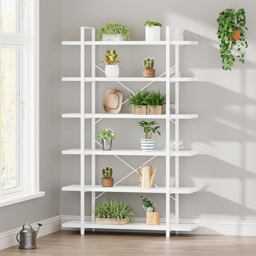HSH White Bookshelf, 6 Tier Tall Bookcases for Bedroom Living Room Office | Industrial Modern Vertical Metal and Wood Bookcases, Farmhouse 6 Shelf Open Large Storage Book Shelves Display Book Shelf