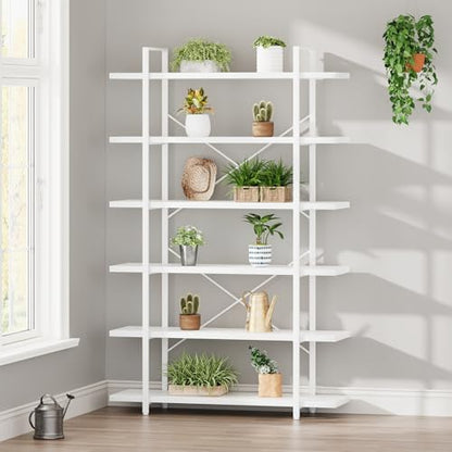 HSH White Bookshelf, 6 Tier Tall Bookcases for Bedroom Living Room Office | Industrial Modern Vertical Metal and Wood Bookcases, Farmhouse 6 Shelf Open Large Storage Book Shelves Display Book Shelf