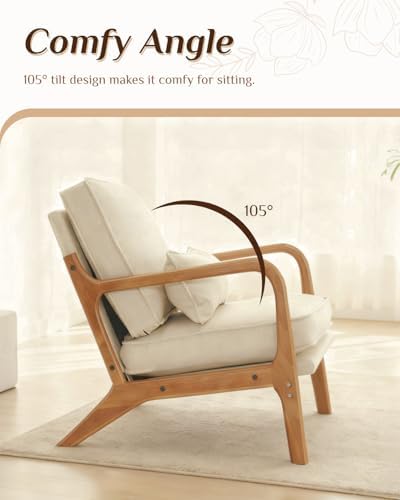 Karl home Mid-Century Modern Accent Reading Chair, Beige | Linen Upholstered, Solid Wood Frame, Soft Cushion, Lumbar Pillow, Lounge Armchair for Living Room, Bedroom, Balcony, Study