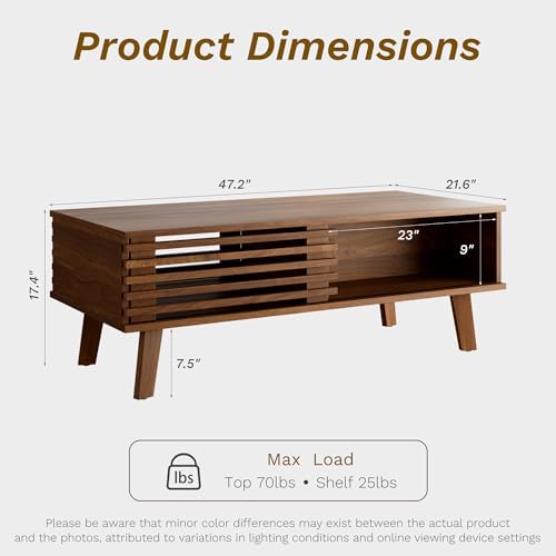 Furniway Mid Century Modern Coffee Table, Wood Coffee Table with Storage, Farmhouse Table for Living Room, Apartment, Walnut