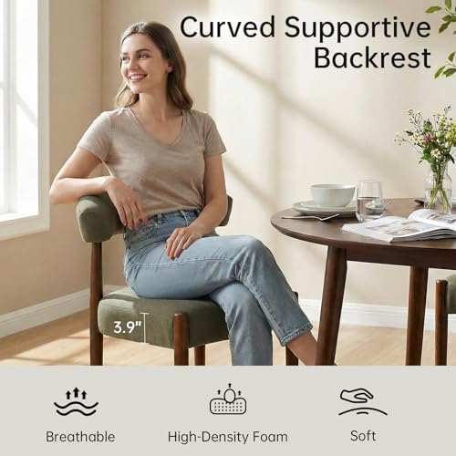 VKNOW Wooden Dining Chairs Set of 4, Modern Upholstered Dining Room Chairs with Walnut Wood Legs and Curved Backrest, Fabric Kitchen Chairs for Farmhouse/Living Room/Dining Room, Green