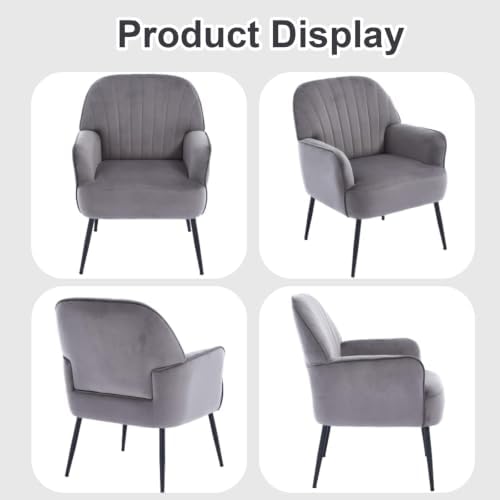 Velvet Accent Chair, Channel Tufted Shell Back Armchair, Ergonomic Upholstered Reading Chair with Wood Legs, Modern Single Sofa Chair for Living Room, Bedroom, Vanity (Gray)