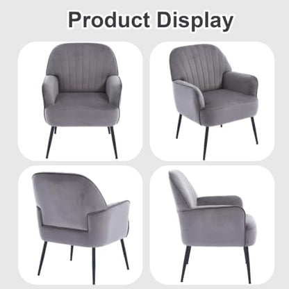 Velvet Accent Chair, Channel Tufted Shell Back Armchair, Ergonomic Upholstered Reading Chair with Wood Legs, Modern Single Sofa Chair for Living Room, Bedroom, Vanity (Gray)
