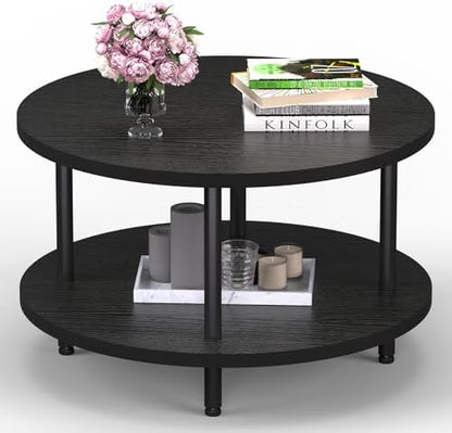 FAMIDGE Coffee Table, 23.6" Coffee Tables for Living Room, Round Coffee Table with Metal Frame, Floor Table for Sitting on The Floor, Home, Office, Black — Style2 Black(23.6dx18.1h) / 2 Tier (2)