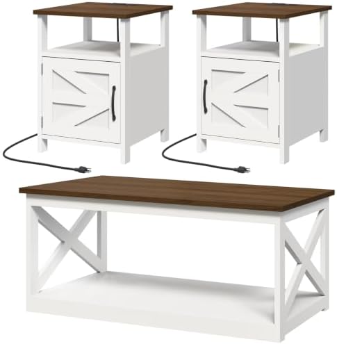 3 Pieces Farmhouse Coffee Table and End Table Sets with AC | 2 Side Tables with USB Ports for Living Room, Office, Apartment, White and Walnut