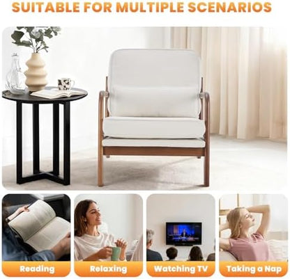DUMOS Mid Century Modern Accent Chair, Armchair with Lumbar Pillow and Waist Cushion, Solid Wood Frame Lounge Chair for Living Room, Bedroom, Reading Nook, Small Apartment Corner, Ivory White