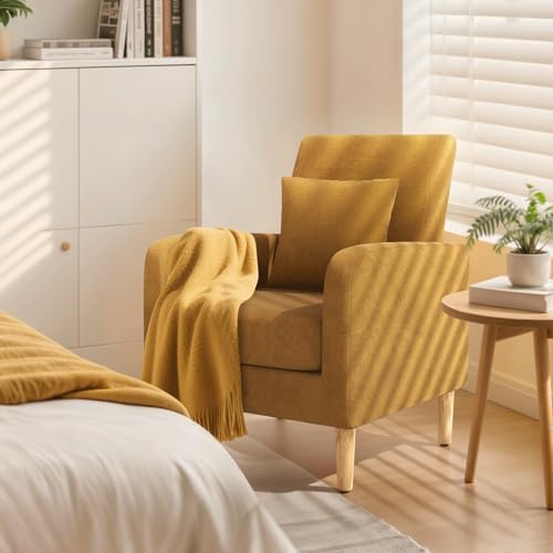 Magshion Accent Chair for Living Room, Comfy Mid-Century Reading Chair for Bedroom, Upholstered Linen Fabric Armchair Single Sofa with Back Pillow & Wood Legs, 300 lbs Capacity, Yellow