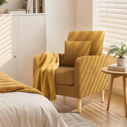 Magshion Accent Chair for Living Room, Comfy Mid-Century Reading Chair for Bedroom, Upholstered Linen Fabric Armchair Single Sofa with Back Pillow & Wood Legs, 300 lbs Capacity, Yellow