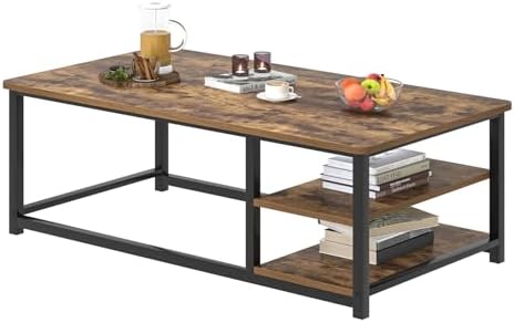 EXCEFUR Modern Coffee Table, Rustic Wood and Metal Living Room Table with Storage Shelf, Industrial Brown, 47 Inch