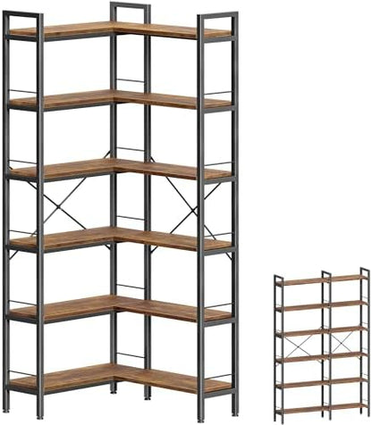 Huuger 5 Tier Bookshelf, L Shaped Corner Bookshelf with 10 Open Shelves, 49.4 Inch Straight Wide Bookcase with Metal Frame and Wooden Board, Adjustable Feet, Rustic Brown — 5 Tier / Rustic Brown (10)