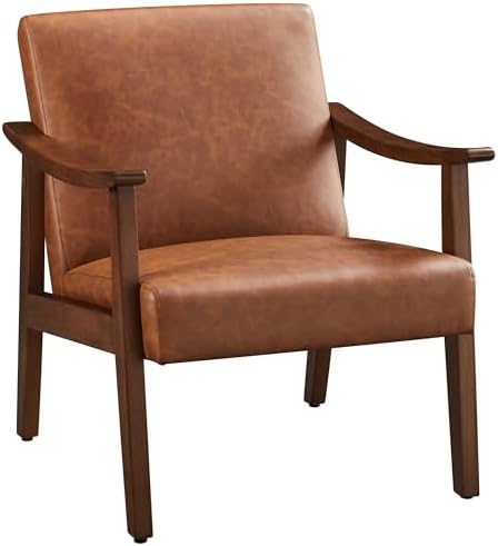 Yaheetech Corduroy Accent Chair, Mid-Century Modern Armchair with Solid Wood Legs, Reading Leisure Chair with High Back for Living Room Bedroom Waiting Room Dark Green — Brown / Faux Leather (2)