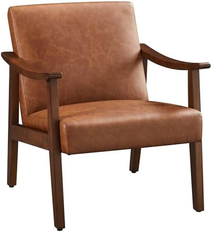 Yaheetech Corduroy Accent Chair, Mid-Century Modern Armchair with Solid Wood Legs, Reading Leisure Chair with High Back for Living Room Bedroom Waiting Room Dark Green — Brown / Faux Leather (2)