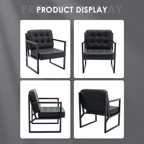 COLAMY Mid Century Modern Accent Chair Set of 2, Comfy Living Room Chair, Black Leather Accent Chair, Faux Leather Reception Armchair with Metal Legs for Living Room Bedroom Reception Office, Black