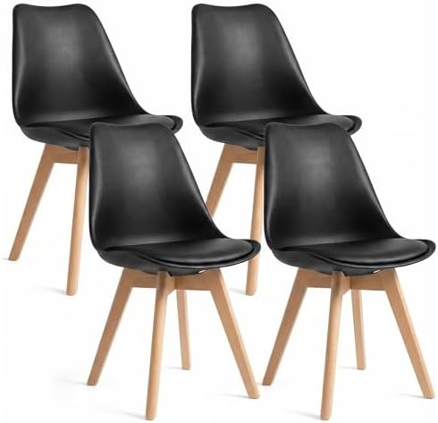 Dining Chairs Set of 4, Modern Upholstered Dining Room Chairs with PU Leather Padded Seat, Armless Kitchen Chairs with Curved Backrest and Solid Wood Legs for Dining Room, Kitchen, Apartment, Black