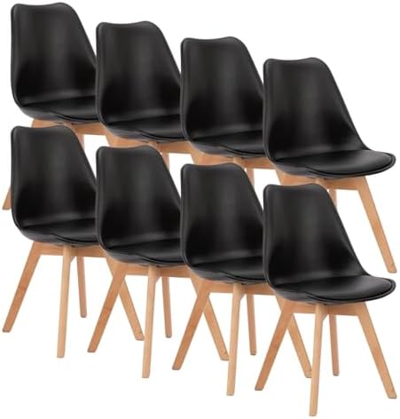 OLIXIS Dining Chairs Set of 4, Mid Century Modern Accent Chairs with Curved Backrest and Wood Legs, PU Leather Upholstered Kitchen Side Chair for Living Room, Bedroom, Outdoor Patio, White — Black / 4 PC (2)