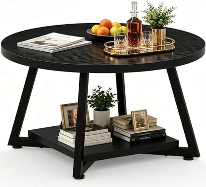 FAMIDGE Coffee Table, 23.6" Coffee Tables for Living Room, Round Coffee Table with Metal Frame, Floor Table for Sitting on The Floor, Home, Office, Black — Black(27.6dx17.7h) / 2 Tier (2)