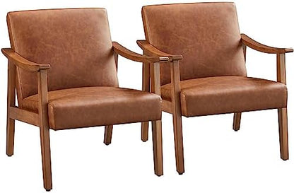 Yaheetech Faux Leather Accent Chair, Mid-Century Modern Armchair with Solid Wood Legs, Reading Leisure Chair with High Back for Living Room Bedroom Waiting Room, Set of 2, Brown