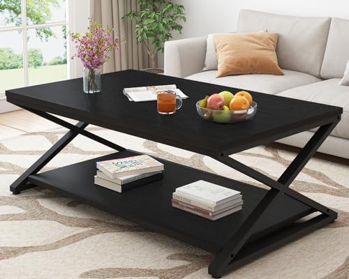 HSH Rustic Farmhouse Coffee Table, Modern Minimalist Wood and Metal Living Room Table, 2 Tie Rectangle Center Table with Storage & Display Shelf, Simple Office Cocktail Tea Table, Rustic Oak, 39 Inch