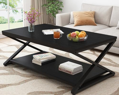 HSH Rustic Farmhouse Coffee Table, Modern Minimalist Wood and Metal Living Room Table, 2 Tie Rectangle Center Table with Storage & Display Shelf, Simple Office Cocktail Tea Table, Rustic Oak, 39 Inch