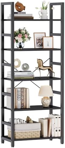 DUMOS 5 Tiers Open Bookshelf, Classic Freestanding Tall Display Shelf | Multifunctional Storage Organizer Rack for Living Room Home Office, Sturdy Bookcase for CDs/Books/Movies, Modern Black — Modern Black / 5 Tier (2)