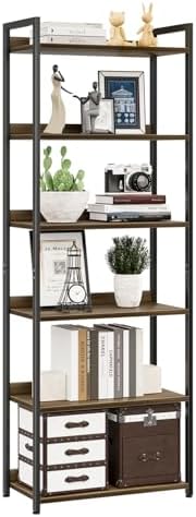 NUMENN Bookshelf, 5 Tier Bookshelves, Home Office Bookcase Shelf Storage Organizer, Free Standing Storage Shelving Unit for Bedroom, Living Room and Home Office, Vintage — 5 Tier(Narrow) / Dark Walnut (2)