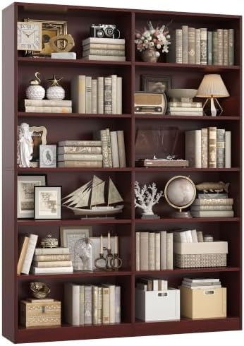 FACBOTALL Bookshelf and Bookcase, 6-Tier Double Wide Bookshelves,Freestanding Display Storage Shelves, Tall Bookcases for Home Decor Bedroom, Living Room, Home Office, Light Oak — Cherry (2)