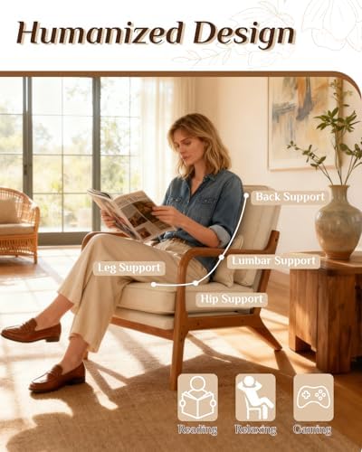 Karl home Mid-Century Modern Accent Reading Chair, Beige | Linen Upholstered, Solid Wood Frame, Soft Cushion, Lumbar Pillow, Lounge Armchair for Living Room, Bedroom, Balcony, Study