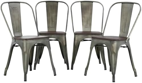 FDW | Metal Dining Chairs | Set of 4 | Black | Stackable Tolix Side Chairs with Backrest | Scratch-Resistant | Non-Slip Feet | Indoor/Outdoor Use | 330 lbs Capacity | for Kitchen & Restaurant — Bronze / Steel Seat (2)