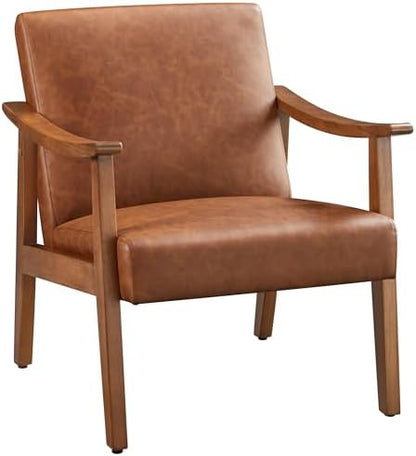 Yaheetech Corduroy Accent Chair, Mid-Century Modern Armchair with Solid Wood Legs, Reading Leisure Chair with High Back for Living Room Bedroom Waiting Room Dark Green — Light Brown / Faux Leather (2)