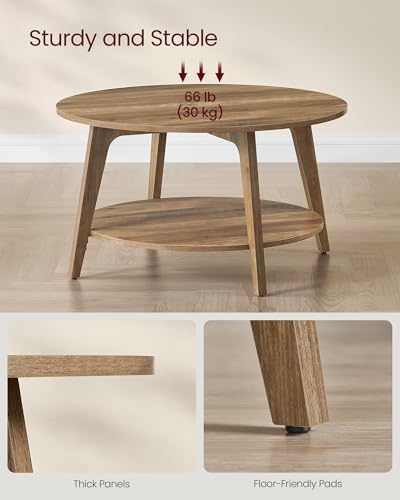 VASAGLE MAEZO Collection - Round Coffee Table, 2-Tier Center Table with Storage, Tapered Legs, Curved Transitions, 31.5 Dia. x 17.7 H Inches, Easy Assembly, for Living Room, Honey Brown ULCT243K41
