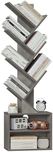 SUNMORY 6 Tier Tree Bookshelf, Small Bookcase with Storage Cabinet, Modern Tall Narrow Bookshelves Organizer, Floor Standing Book Shelf for Bedroom/Living Room/Home Office/Corner, Rustic Brown — Grey / 6 Tier-Standard (2)