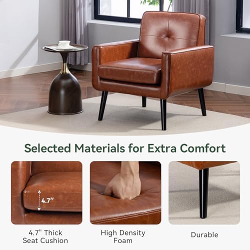 Vogue Furniture Direct Mid Century Accent Chair, PU Leather Modern Chair with Wooden Frame, Cozy Armchair Reading Chair with Comfy Back for Apartment, Living Room, Bedroom, Small Space, Corner, Brown
