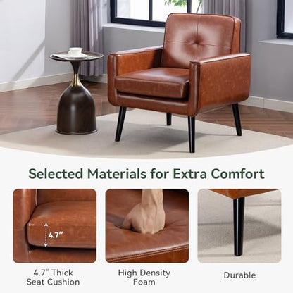 Vogue Furniture Direct Mid Century Accent Chair, PU Leather Modern Chair with Wooden Frame, Cozy Armchair Reading Chair with Comfy Back for Apartment, Living Room, Bedroom, Small Space, Corner, Brown