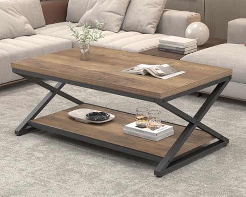 HSH Wood Coffee Table with Storage, Farmhouse Rustic Brown Coffee Table for Living Room, Modern Minimalist 2 Tier Center Table, Simple Rectangle Cocktail Tea Table in Home Office Bedroom, 39 Inch — 39 Inch / Rustic Oak (2)