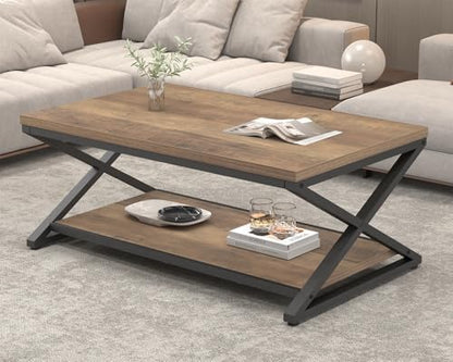 HSH Rustic Farmhouse Coffee Table, Modern Minimalist Wood and Metal Living Room Table, 2 Tie Rectangle Center Table with Storage & Display Shelf, Simple Office Cocktail Tea Table, Rustic Oak, 39 Inch — 39 Inch / Rustic Oak (10)