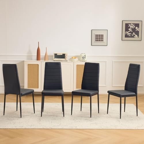 Karl home Dining Chairs Set of 4, PU Leather & High Back, Black | Black kitchen chairs with padded seats & foot cap protection for dining kitchen living room,300lbs capacity,space-saving