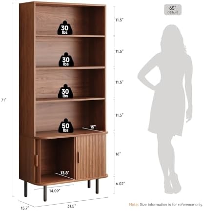 ONBRILL 71" Tall Bookshelf, 4-Tier Bookcase with Storage Cabinet & Adjustable Storage Shelf, Freestanding Wood Bookshelf with Sliding Door and Adjustable Footpad, for Home Office, Living Room, Walnut