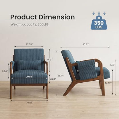DUMOS Mid Century Modern Accent Chair, Upholstered Armchair with Lumbar Pillow and Solid Wood Frame, Comfy Reading Chair for Small Living Room, Bedroom, Guest Room, Navy Blue