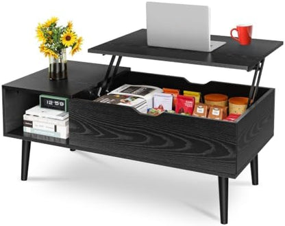 OLIXIS Wooden Coffee Table, Lift Top Coffee Table with Large Hidden Compartment and Ample Storage Shelf, Lift Tabletop Dining Table for Living Room, Home Small Space, Rustic
