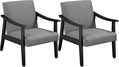 Yaheetech Faux Leather Accent Chair, Mid-Century Modern Armchair with Solid Wood Legs, Reading Leisure Chair with High Back for Living Room Bedroom Waiting Room, Set of 2, Brown — Grey / Linen (2)