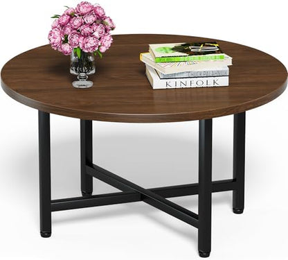 FAMIDGE Coffee Table, 23.6" Coffee Tables for Living Room, Round Coffee Table with Metal Frame, Floor Table for Sitting on The Floor, Home, Office, Black — Dark Walnut / 1 Tier (2)