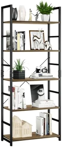 NUMENN 5 Tier Bookshelf, Tall Bookcase Shelf Storage Organizer, Modern Book Shelf for Bedroom, Living Room and Home Office, Vintage