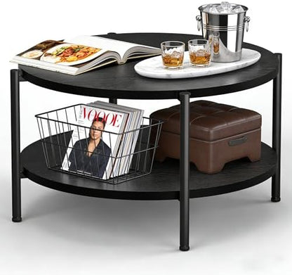FAMIDGE Coffee Table, 23.6" Coffee Tables for Living Room, Round Coffee Table with Metal Frame, Floor Table for Sitting on The Floor, Home, Office, Black — Style3 Black(27.6dx18.1h) / 2 Tier (2)